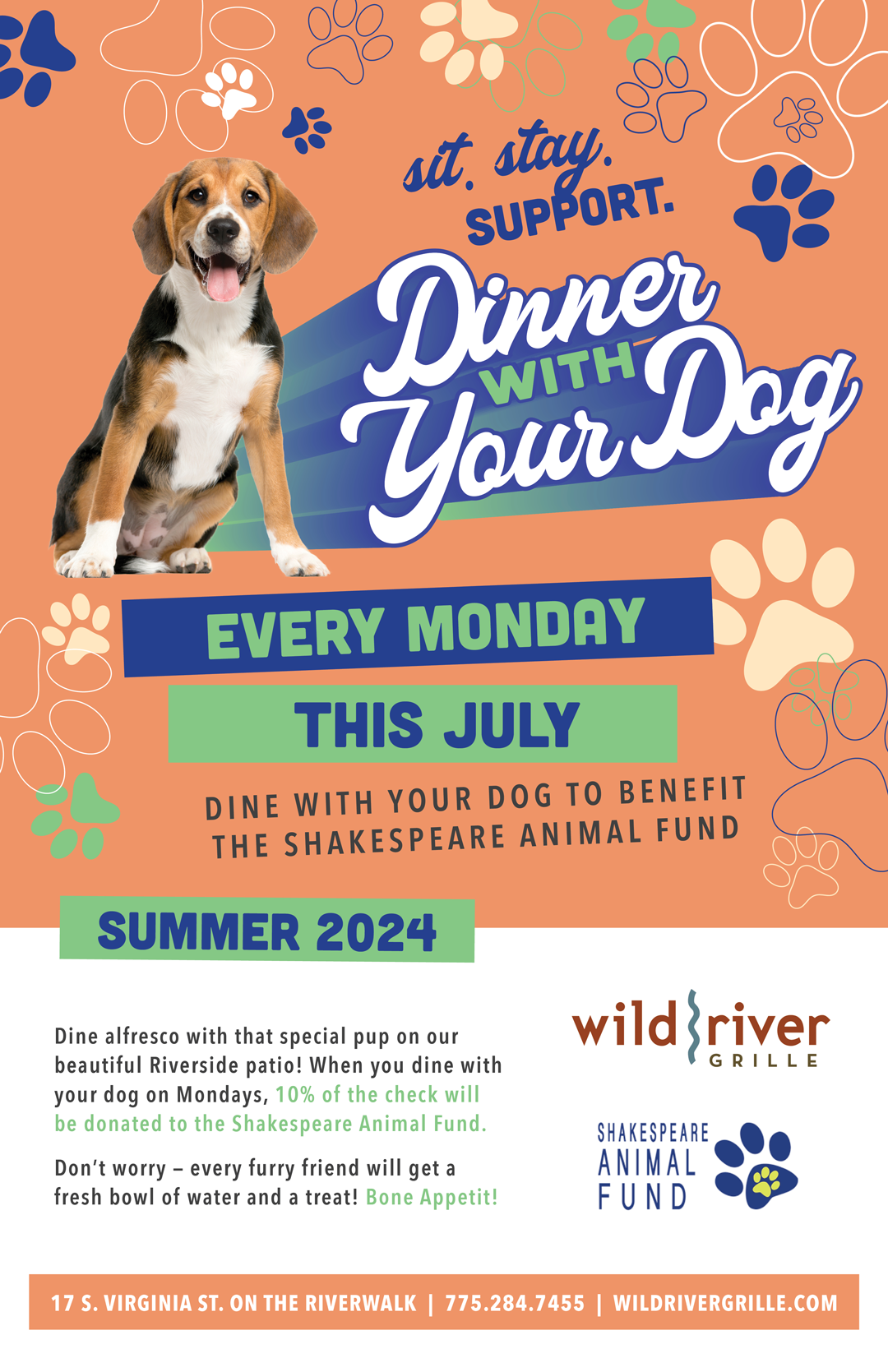 Bring your dog and dine at Wild River Grille on Mondays through July, and 10% of your bill will be donated to local charities!