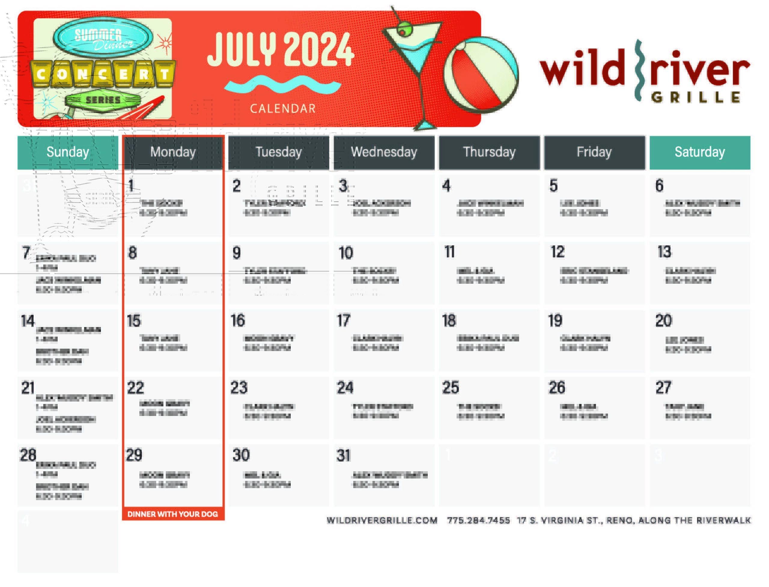 Wild River Grille's calendar of their 2024 Summer Concert Series lineup for the month of July.